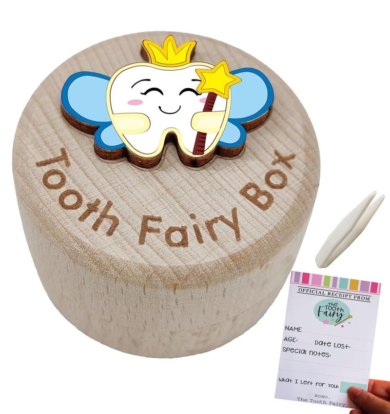 PAMBO Baby Tooth Fairy Box, 3D Tooth Box Keepsake Holder for Lost Tooth Kids Gifts | Wooden Tooth Holder & Organizer - Blue - Image 1